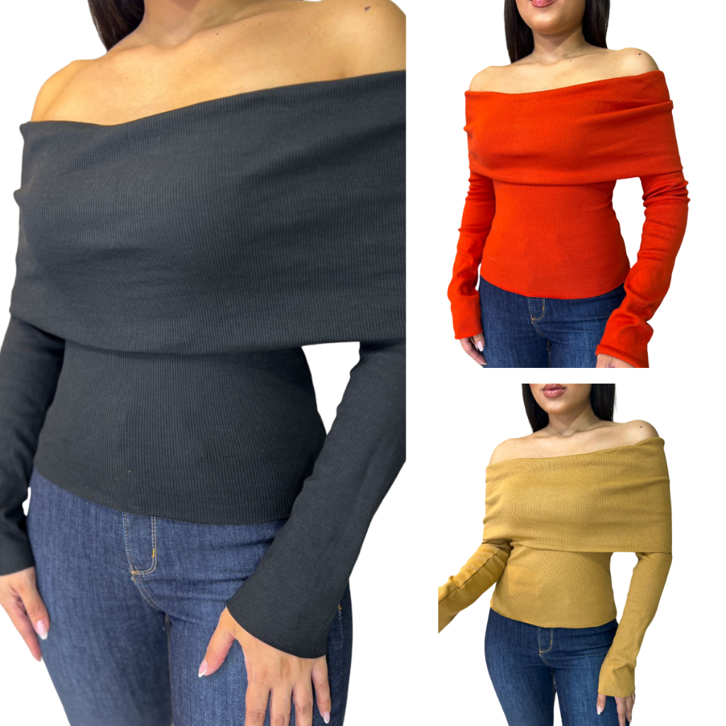 kit 3 blusas caneladas ombro a ombro super estilosa canelado de algodao elegante