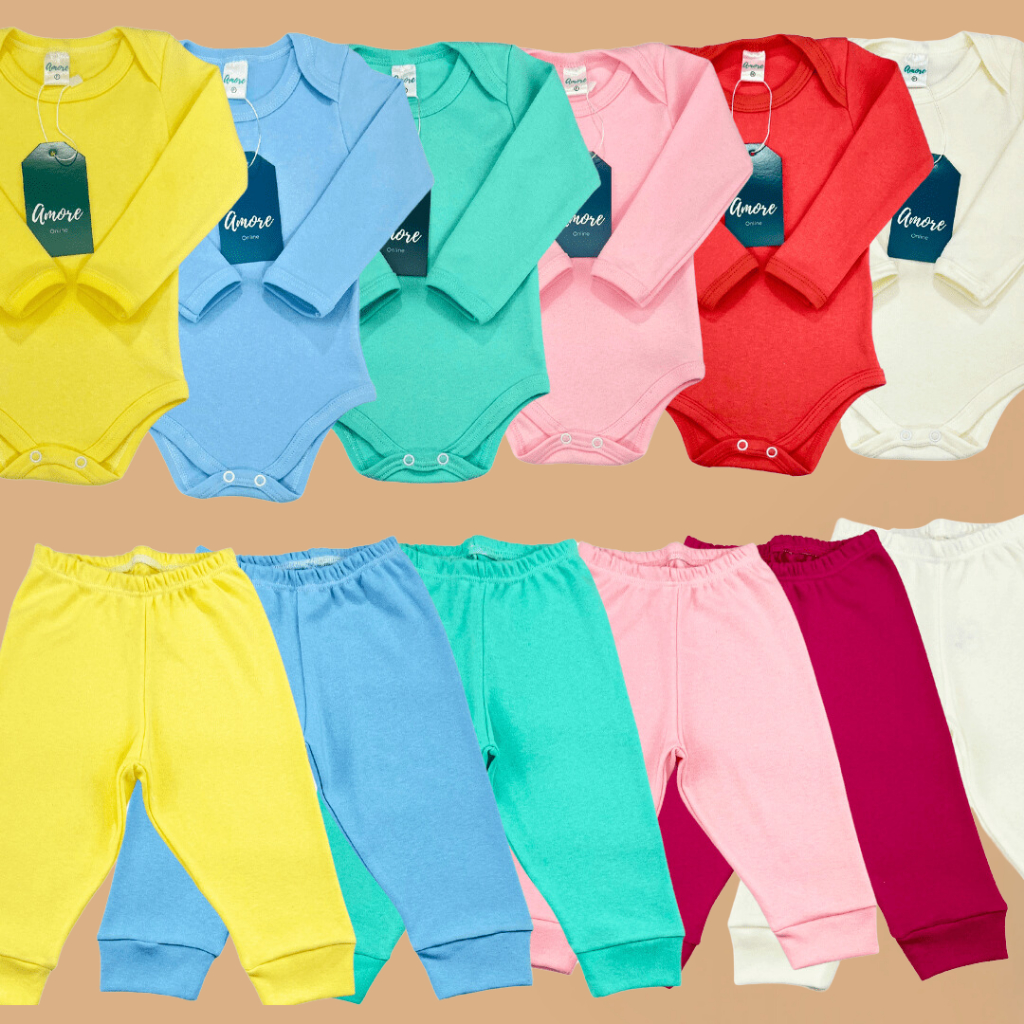Kit 6 Peças Body Manga Longa e Mijão de Bebê Menina Menino Calça