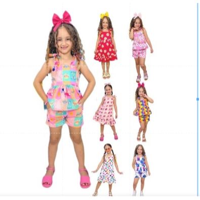 Confira Kit Sortido 3 Peça  de Roupas Infantil Menina - 2 Camisetas + 2 shorts + vestido - Kit com 5 Conjuntos de Roupa Infantil Menina Verão Feminino