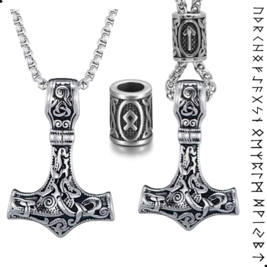 Colar Corrente em Aço Inoxidável e Martelo do Thor de Metal Liga - Machado Runas Viking Ragnar Odin