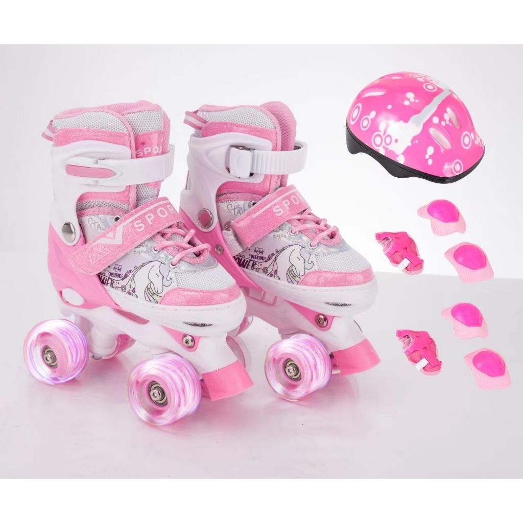 Patins 4 Rodas ARCO IRIS Com Luz De Led E Glitter Top Patins Com Kit Proteção Menina Menino