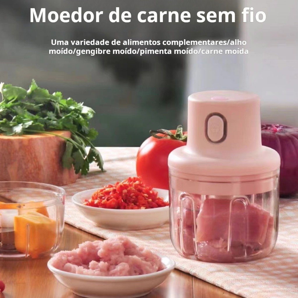 Mini moedor de alho elétrico sem fio com 3 lâminas de aço inoxidável e USB 250ml para processamento