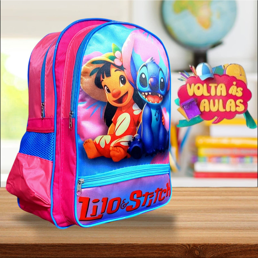 Mochila Escolar Infantil Grande De Costa Stitch e Lilo Menina