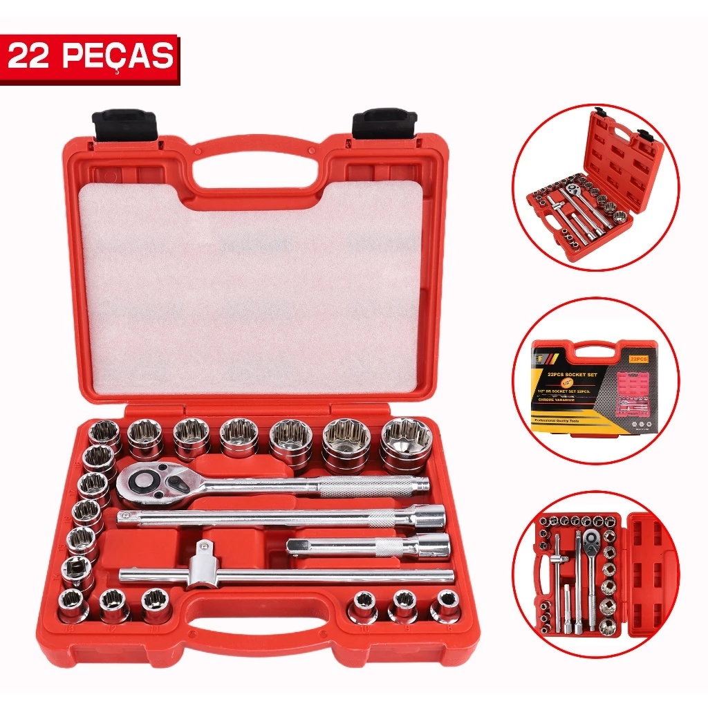 Kit Jogo de Soquetes Estriados 8 A 32mm 22 Pçs 1/2 Chave Catraca Reversível Originial Profissional em Oferta na Shopee
