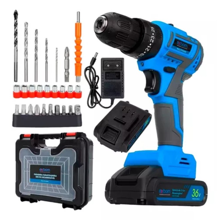 Furadeira e Parafusadeira Sem Fio Recarregável 36V com 2 Baterias e Maleta MQL-PFX5600 EXBOM em Oferta na Shopee