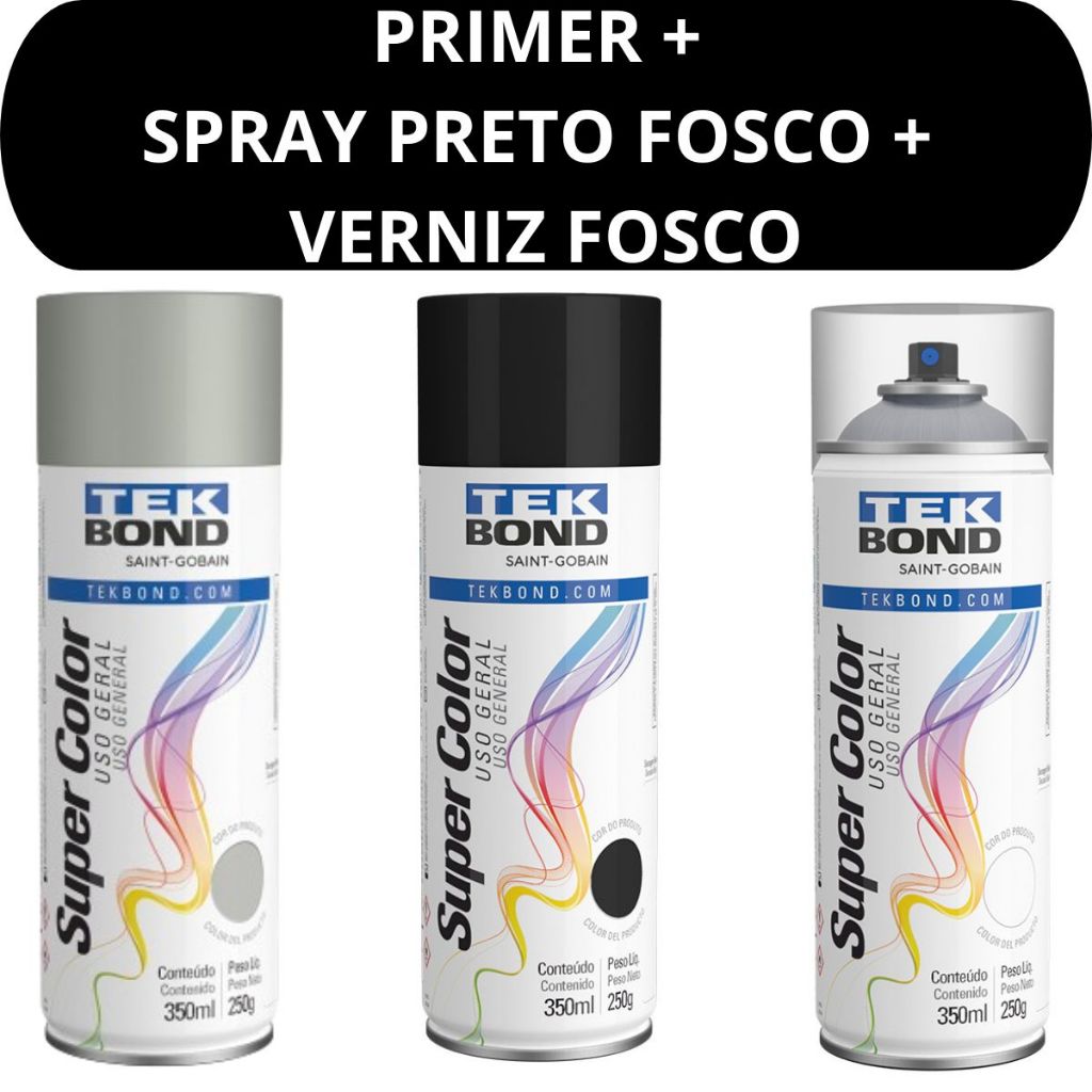 Kit Primer Tinta Preto Fosco e Verniz Fosco 350ml Tekbond Aerossol Secagem Rapida Metal Madeira MDF em Oferta na Shopee