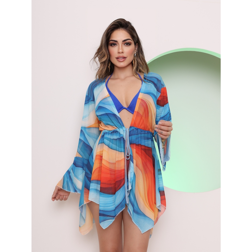 Saida de Praia Curta Estampada Tule Arrastão Babados Kimono Cardigã Vestido Floral Chic Luxo Verão em Oferta na Shopee