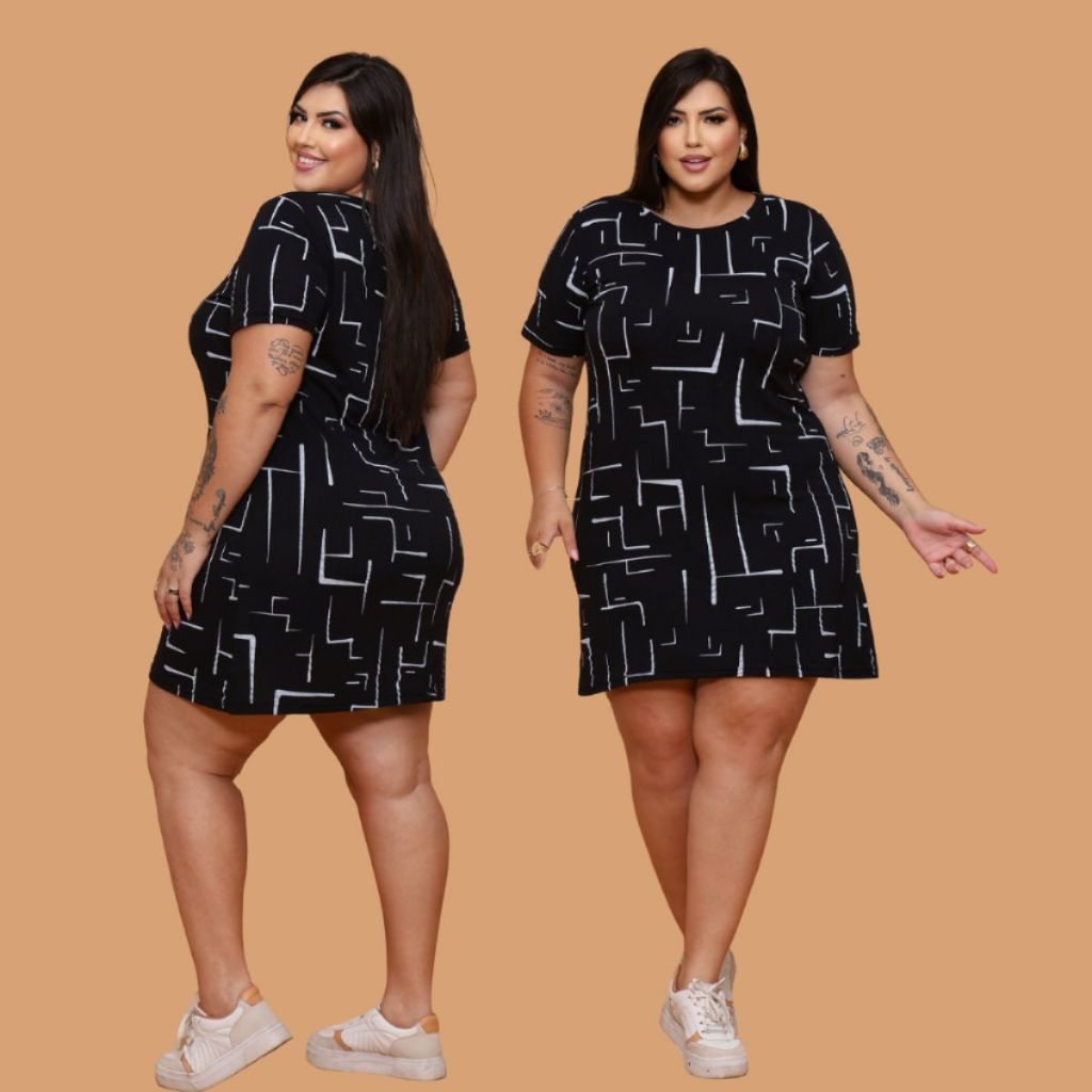 Vestido camisetão PRETO estampado confortável Camisão Plus size Curve Curvy - Women Clothes