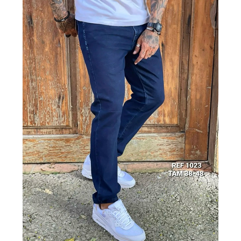 calça jeans masculina escura básica tradicional C/Lycra confortável em Oferta na Shopee