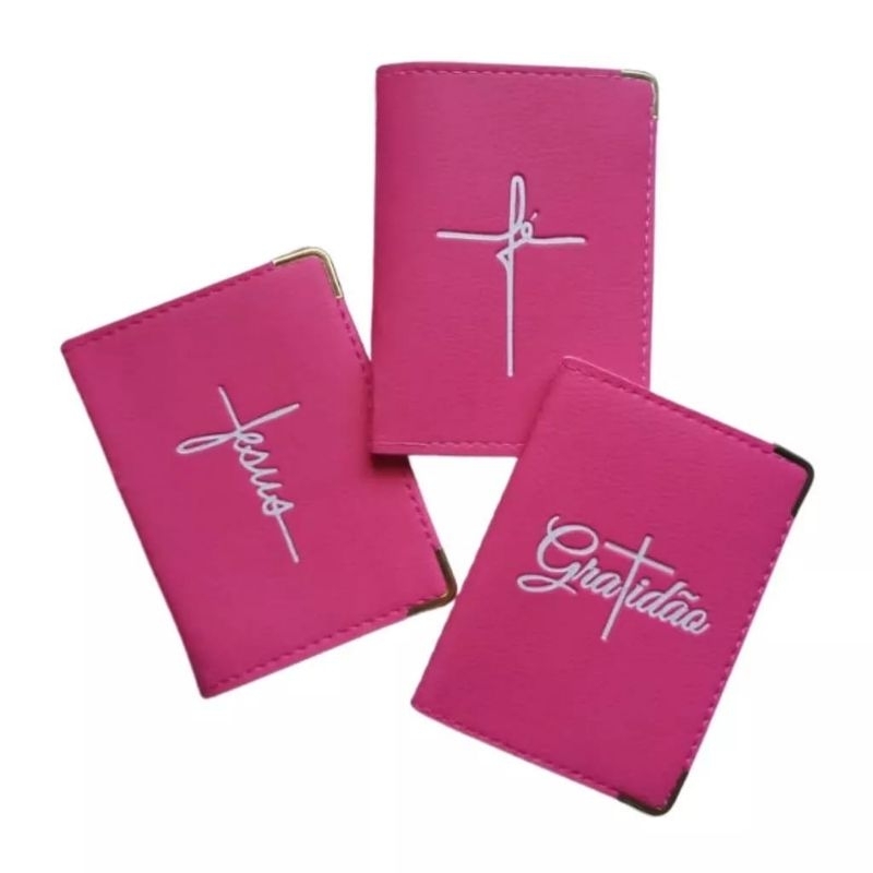 Kit Com 3 Carteira Feminina Fé l,Gratidão e Jesus Cor de Rosa/ Portadocumentos