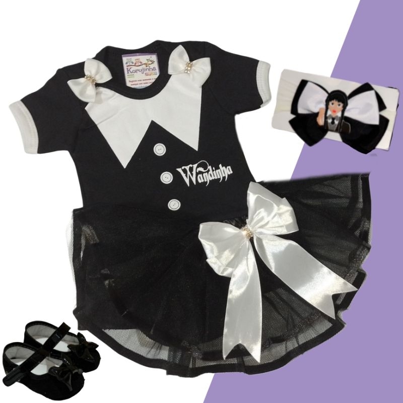 Body Bebê Temático Wandinha Vandinha Fantasia Mesversário Ítens Opcionais