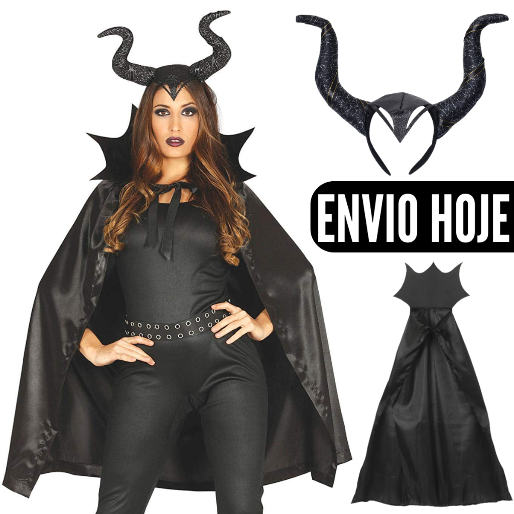 Kit Fantasia Feminina Malévola Adulto Capa Tiara Halloween Decoração Enfeite