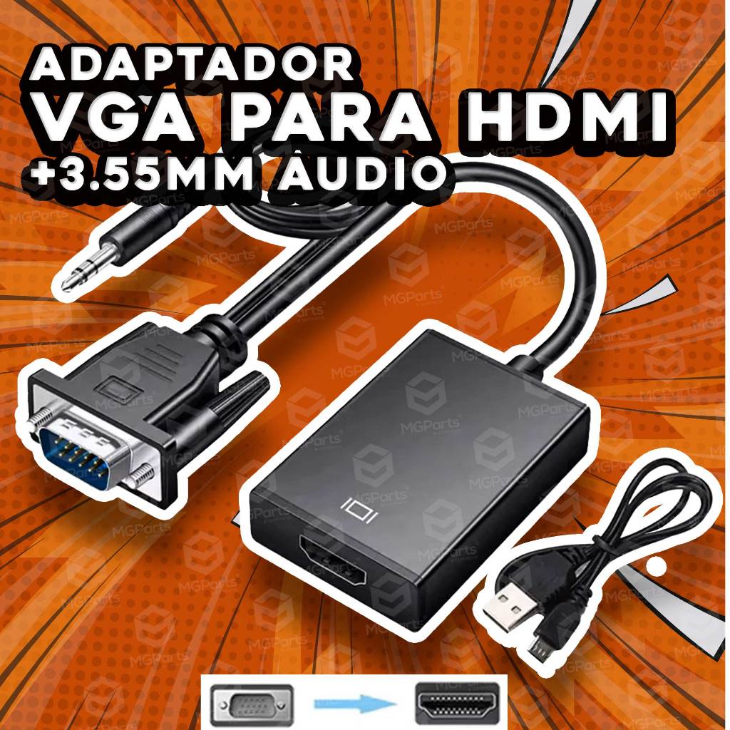 Cabo Conversor Adaptador VGA para HDMI Alimentado Profissional Com Áudio e Vídeo Full HD