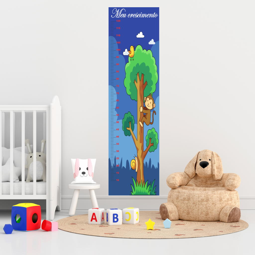 Adesivo De Parede Régua De Crescimento Passarinho Nuvem Macaquinho Árvore Decorativo Quarto Infantil