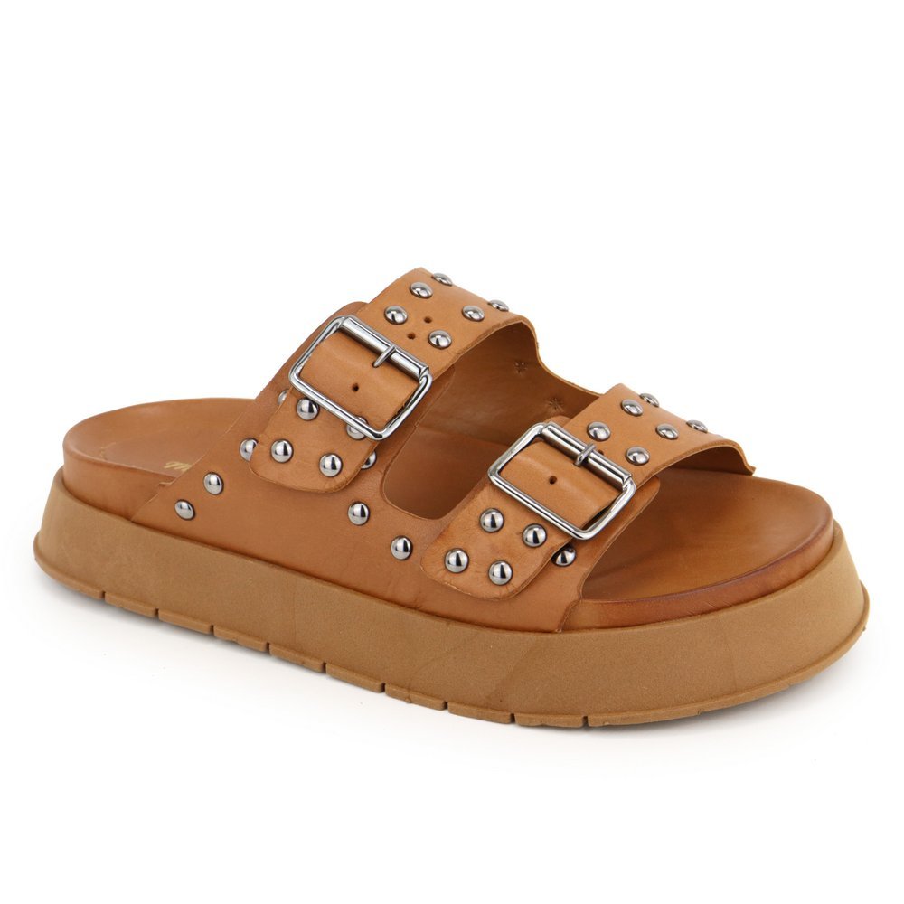 Sandália Papete Flatform Femina Conforto em Couro Fivelas com Cravo Maria Paula Camel
