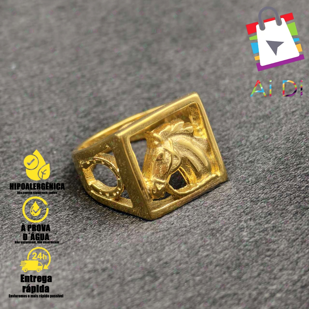 Anel antiga punk Anel aberto Dedeira Cavalo Masculino com Detalhe Vazado - Banhado a Ouro 18K