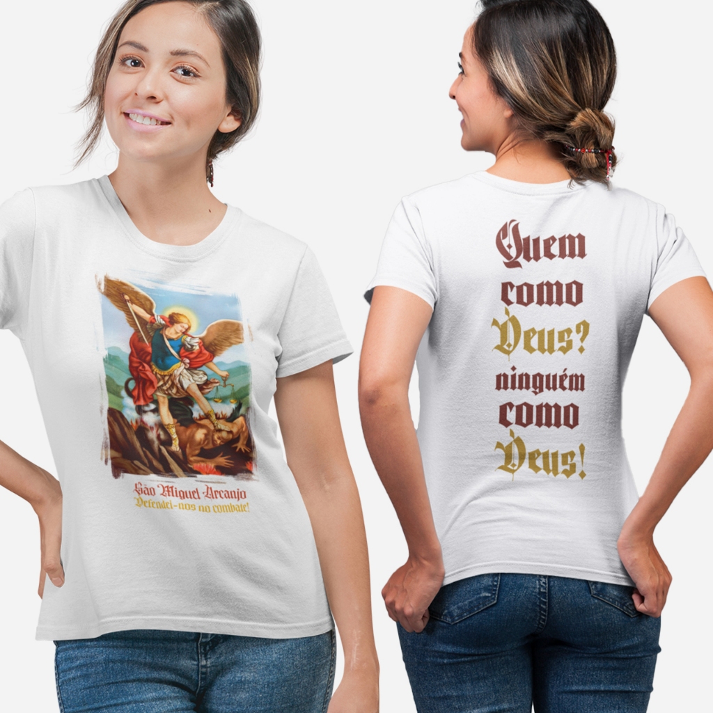 Camisa São Miguel Arcanjo Quem Como Deus? Ninguém Como Deus! Blusas Católicas