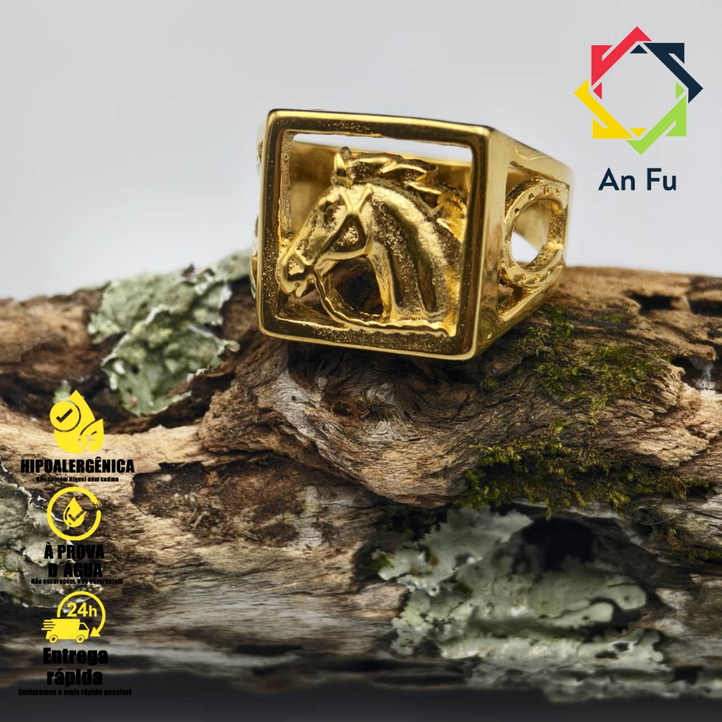 Anel Masculino antiga punk de Moeda Antiga com Cavalo - Design Vazado, Banhado a Ouro 18K