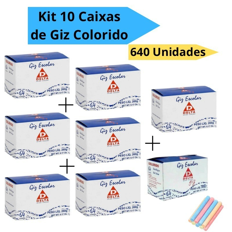 Kit 10 Caixas de Giz Colorido Escolar 640 Unidades Para Quadro Verde Negro Delta