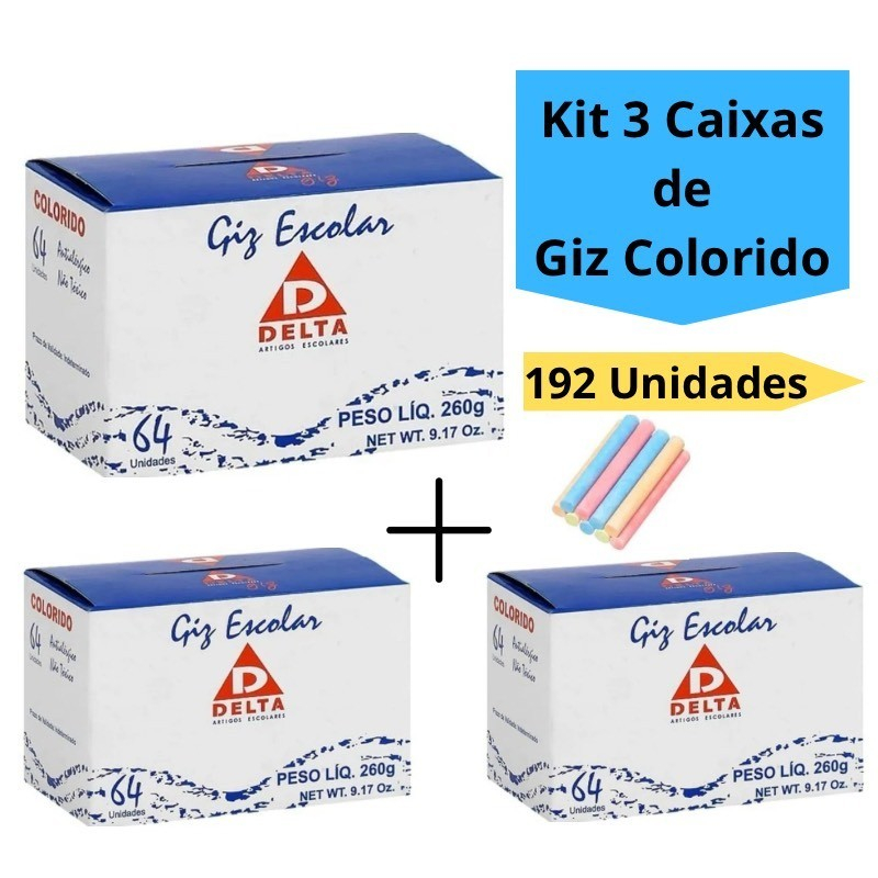 Kit 3 Caixas de Giz Colorido Escolar Quadro Negro Verde Caixa com 192 Unidades Delta