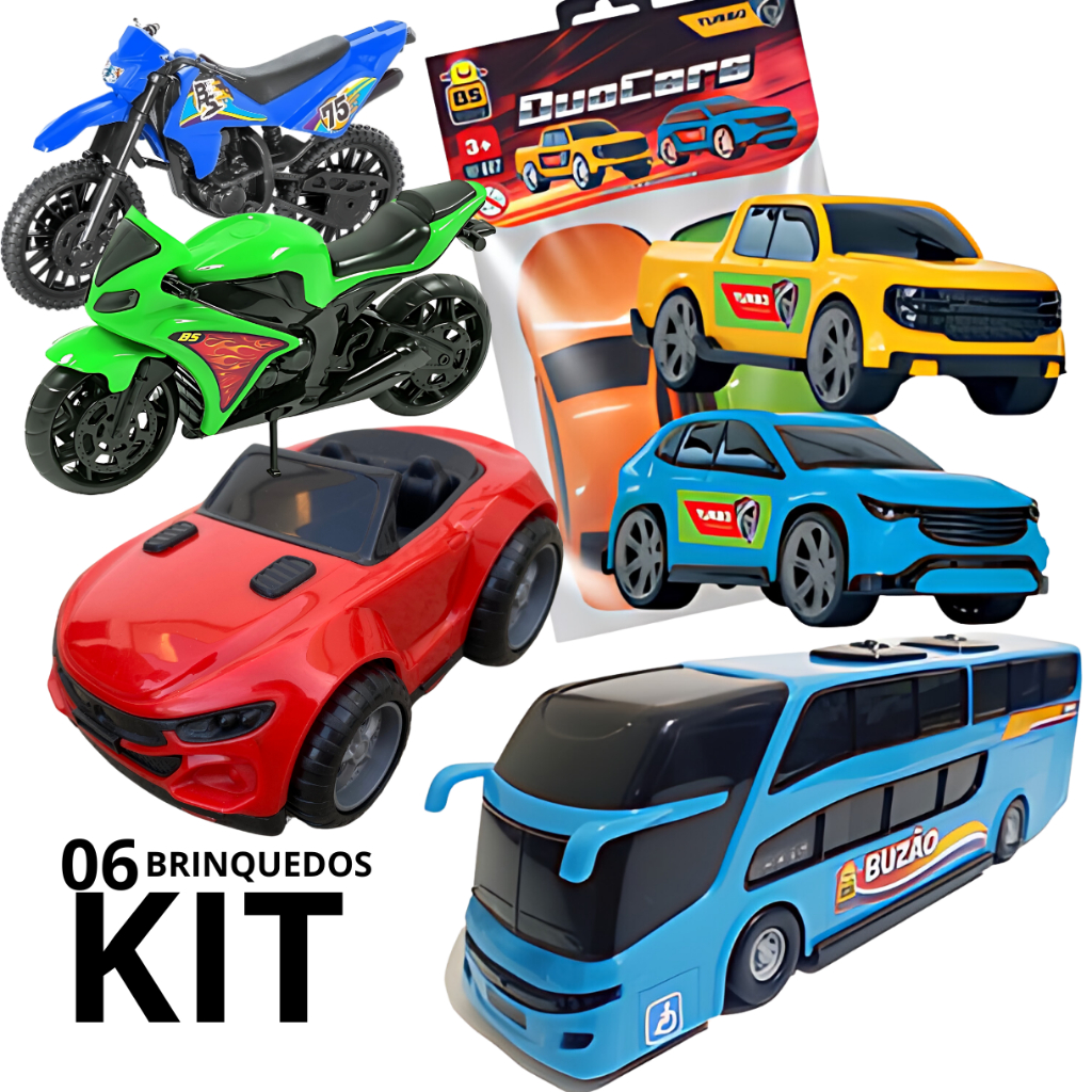 Kit Com 06 Brinquedos Onibus Motos e Carrinhos Para Crianças Presente Meninos Atacado Barato