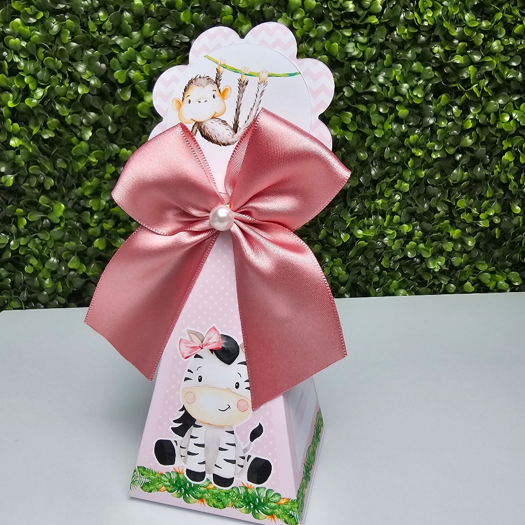 Caixa Cone Pirâmide SAFARI MENINA ROSA - Personalizados - Festa infantil - Aniversário - Lembrancinha