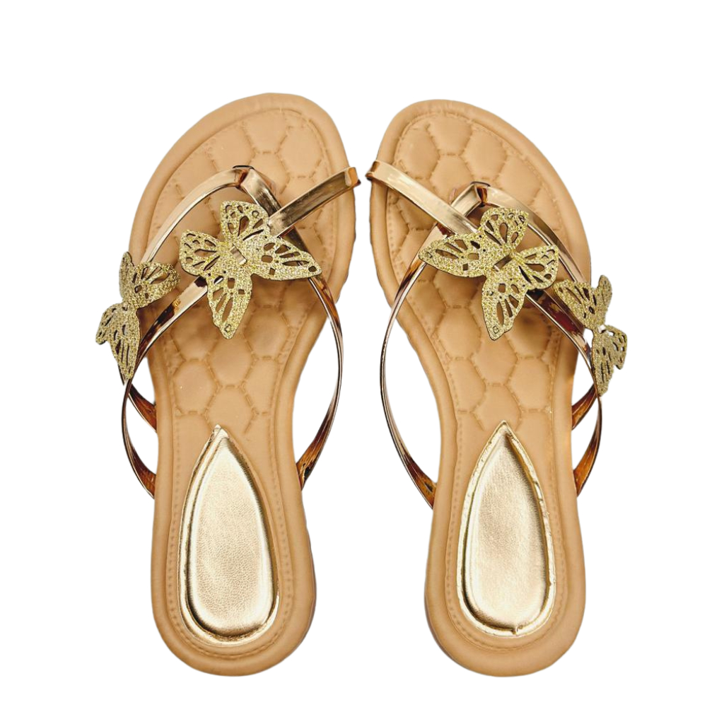 Sandália Plana Rasteirinha Feminina com Detalhes em Strass Borboleta