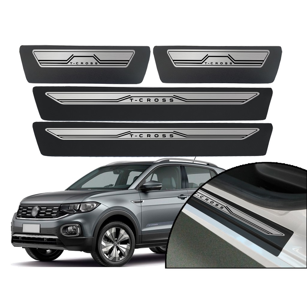 Jogo De Soleira De Porta Adesiva Modelo Aço Escovado Volkswagen T-Cross 2019 2020 2021 2022 2023