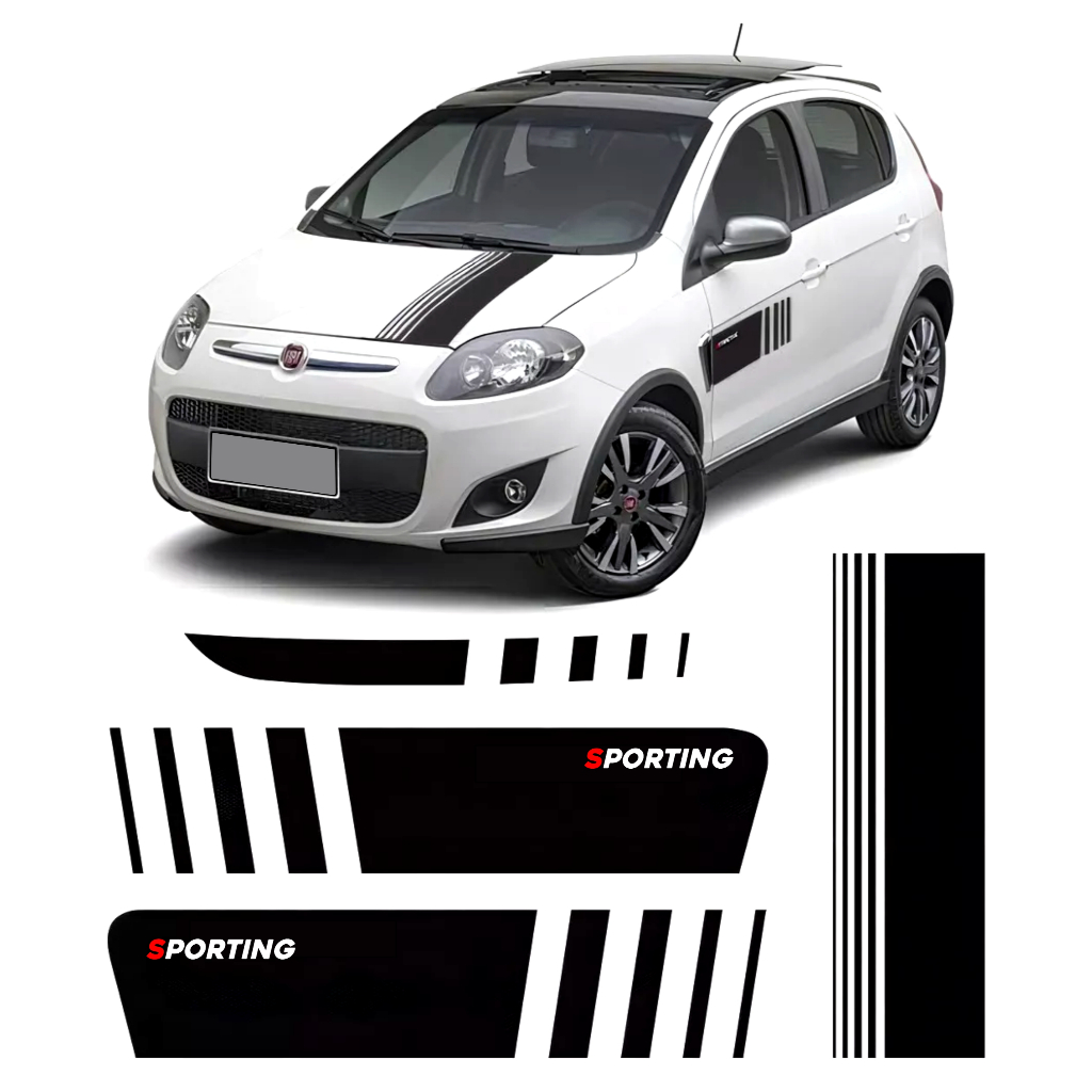 Kit Faixa Palio Sporting Adesivo Lateral Traseiro E Capô Carro Personalizado Preto Brilho FT39