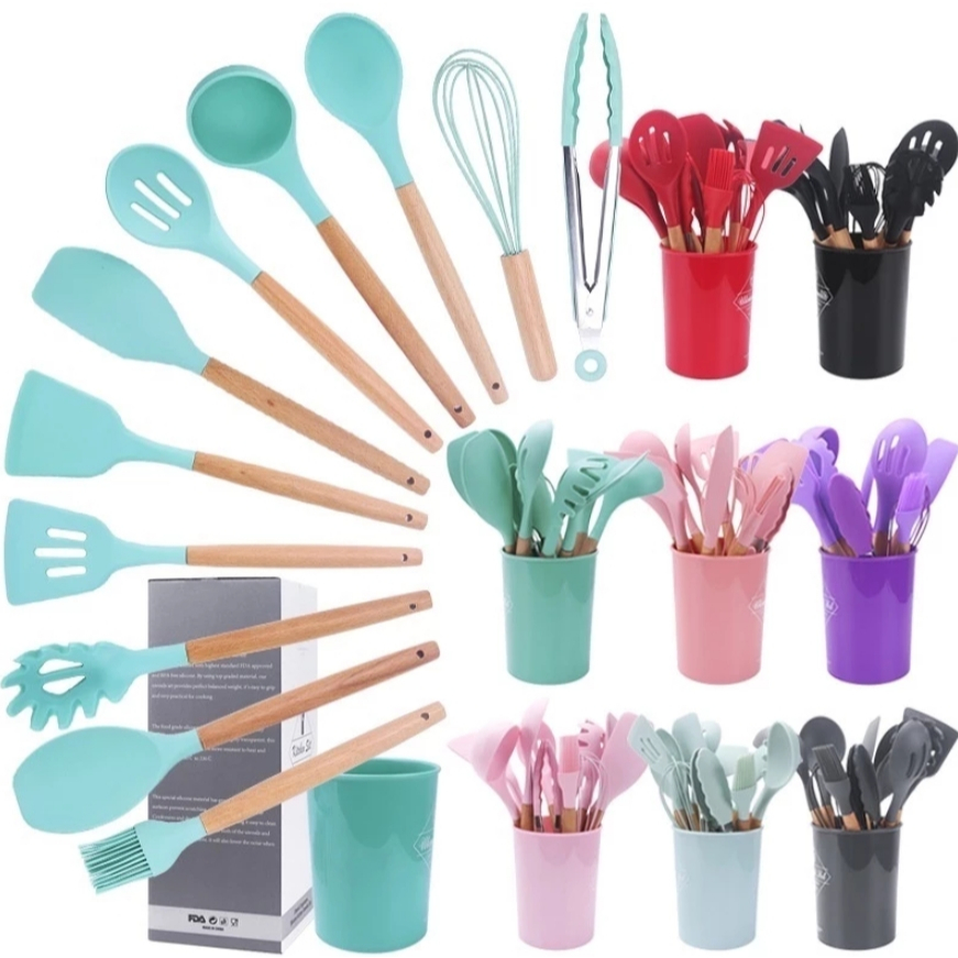 Jogo de Cozinha Kit C/12 Peças Utensílios de Cozinha em Silicone e Cabo de Madeira Antiaderentes