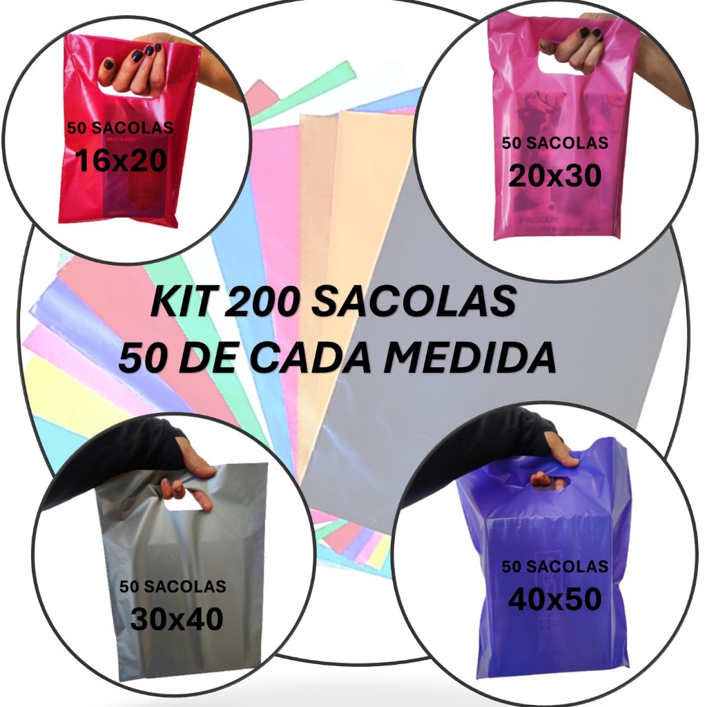 Kit 200 Sacolas alça  boca de palhaço vazada  - 50  16x20 + 50  20x30  + 50  30x40 + 50  40x50 em Oferta na Shopee