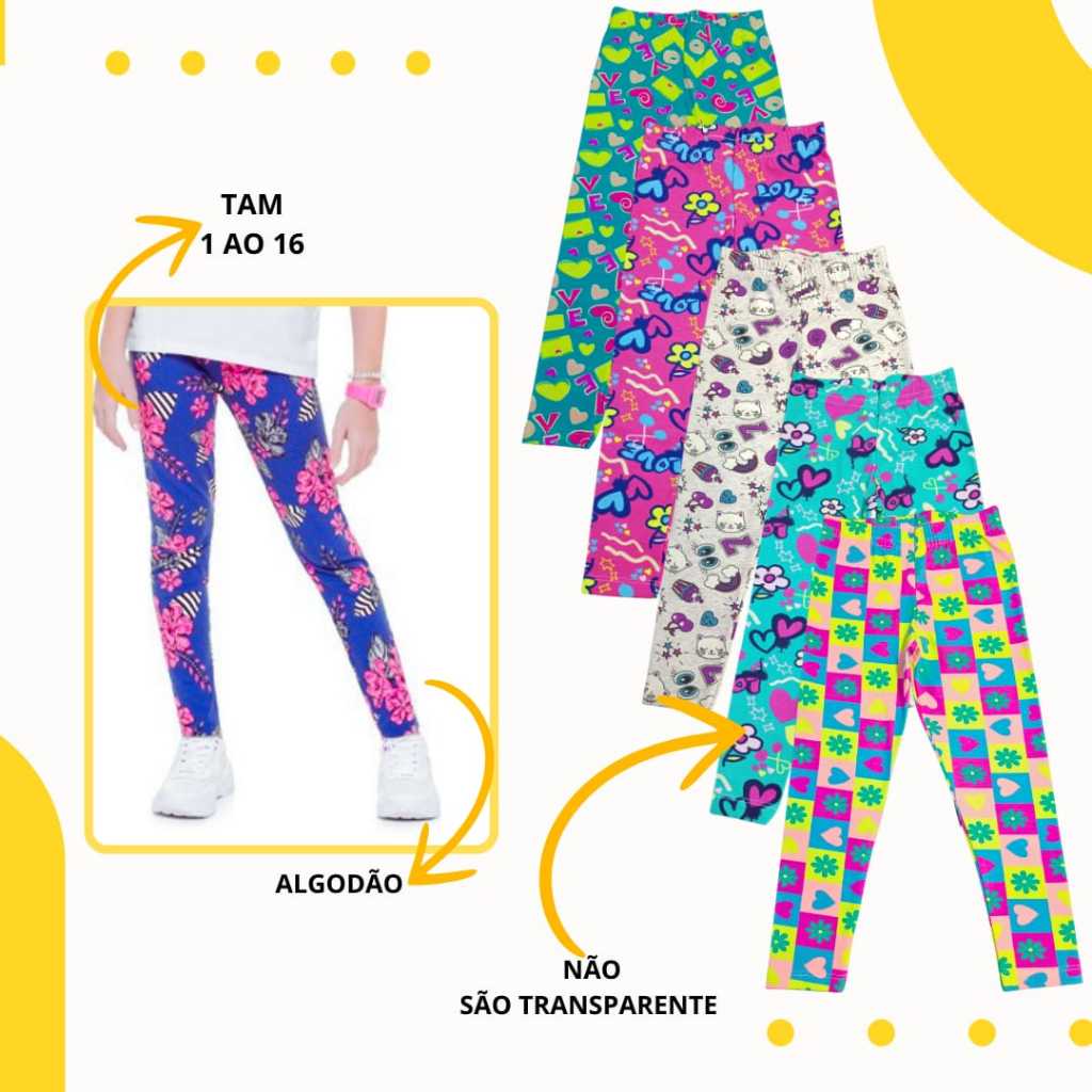 Kit 4 Calça Legging Infantil Algodão Roupa de Menina Juvenil e Criança 1 ao 16 em Oferta na Shopee