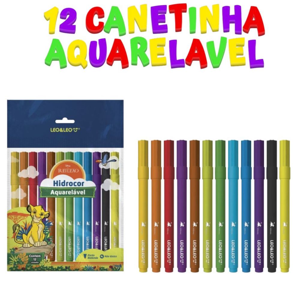 Canetinha Hidrocor aquarelavel Rei Leão C/ 12 Cores Leo&Leo