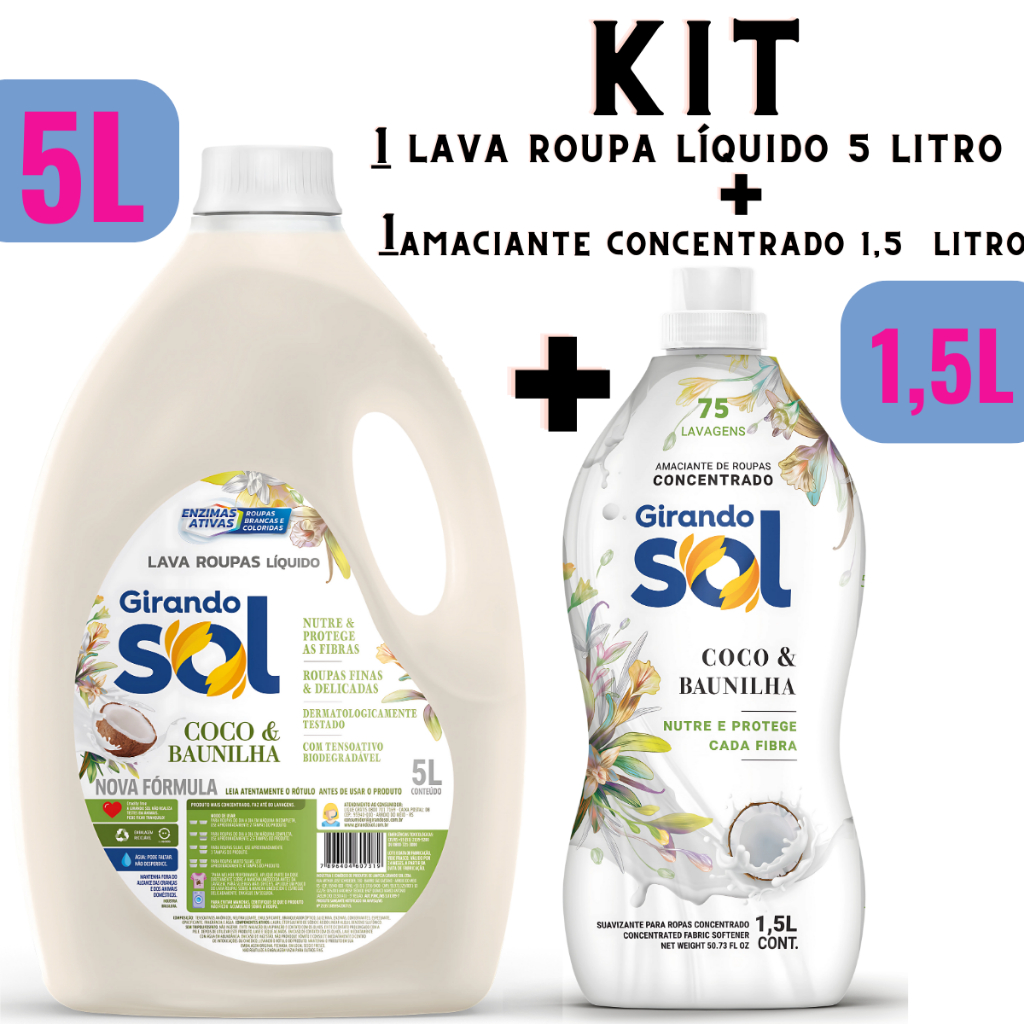 Kit Lava Roupa Líquido Girando Sol 5 Litros Amaciante Concentrado Girando Sol 1,5 Litros F...
