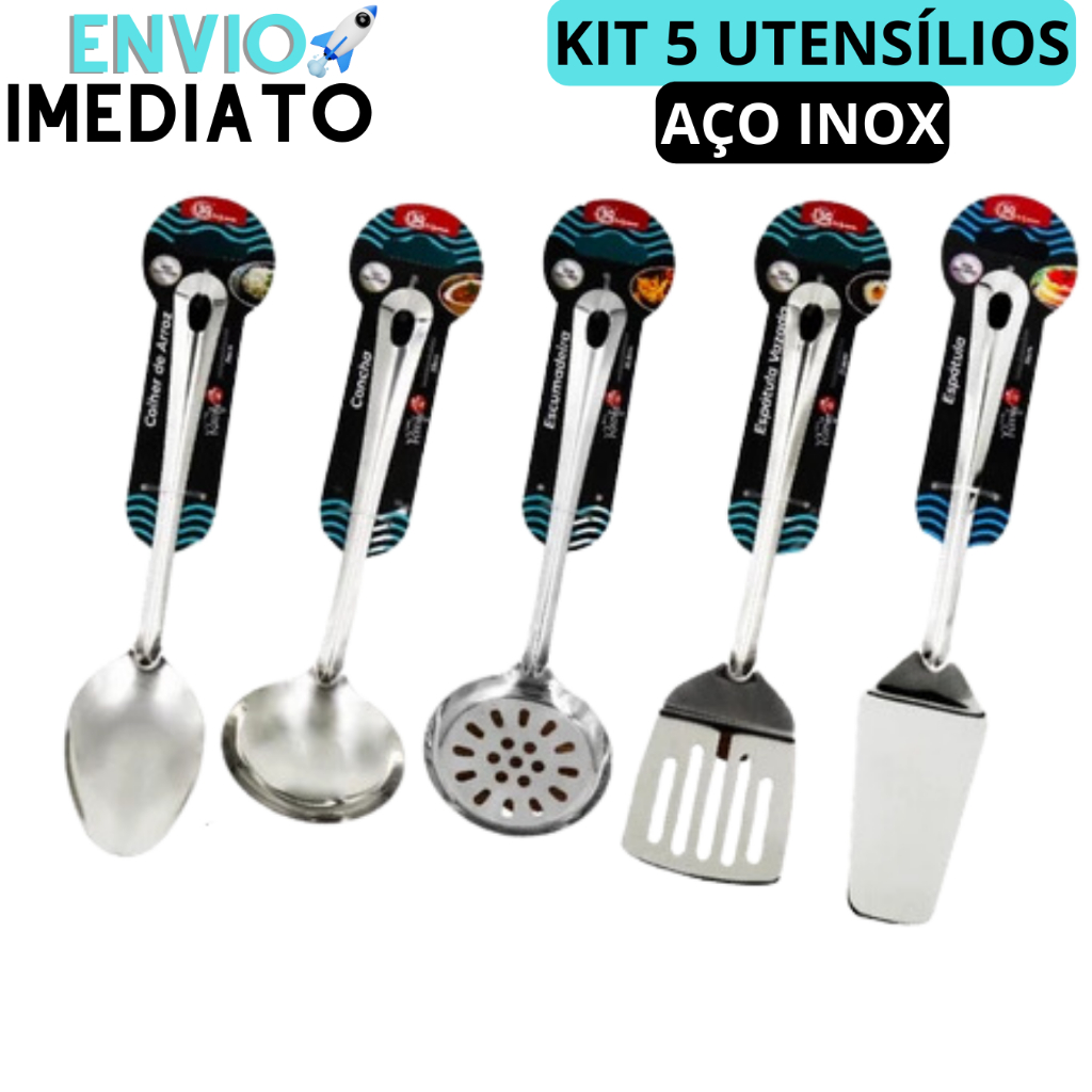 Kit Utensilios de Cozinha 5 Pecas Inox Conchas de Cozinha Colher de Servir Concha de Feijão Escumadeira Espátula de Bolo