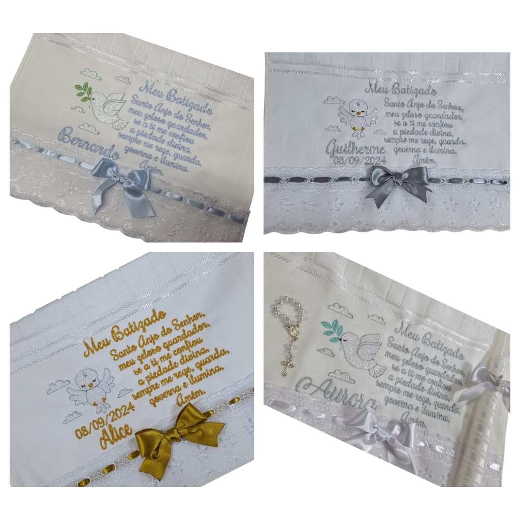 Kit Toalha Bordada Renda Meu Batizado Personalizada Nome Oração Santo Anjo Vela  Terço Decorada Laço