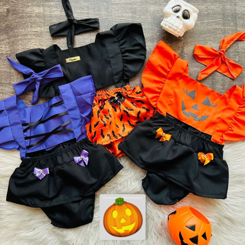 Jardineira Romper Body Infantil Bebê Fantasia Mesversario Com Laço Fantasia Halloween Abobora