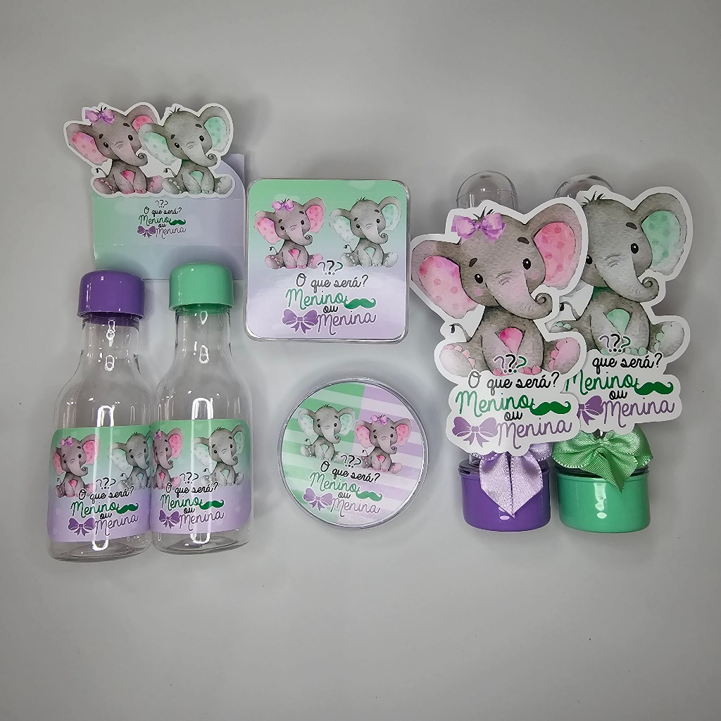Kit Festa Chá Revelação Elefantinho Verde e Lilás - 50 Peças (Sem Nomes)