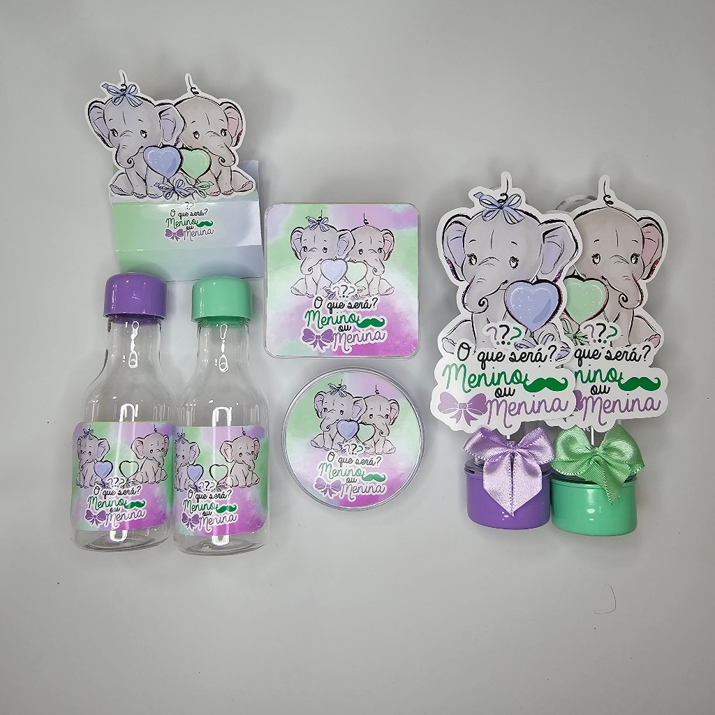 Kit Festa Chá Revelação Elefantinho Aquarela Verde e Lilás - 50 Peças (Sem Nomes)