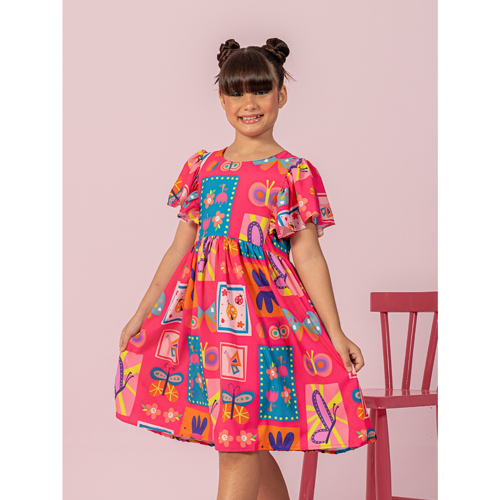 Vestido Isis Pink Estampado Infantil Juvenil, Roupa Menina tam., 4, 6, 8, 10, 12, 14, fresco e leve - Envio Imediato NFe