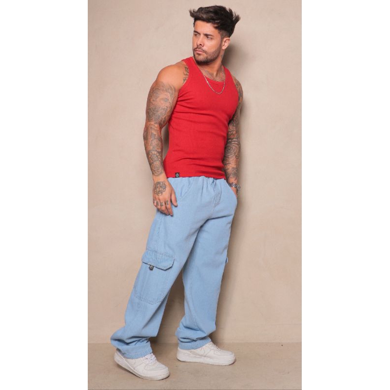 calça cargo JEANS larga bolsos lateral Clara