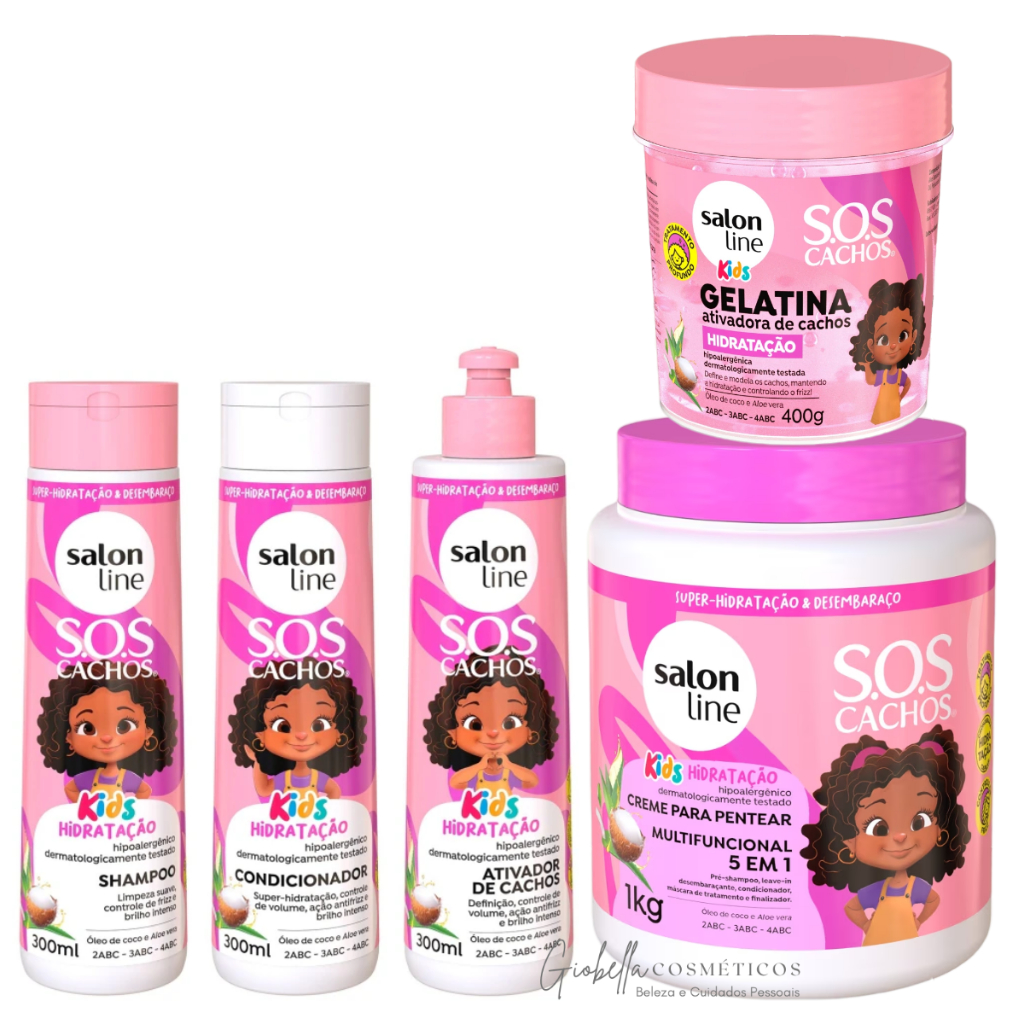 Kit Capilar Tratamento Sos Cachos Kids Infantil Salon Line + Creme Multifuncional 5 em 1 e Gelatina Ativadora de Cachos