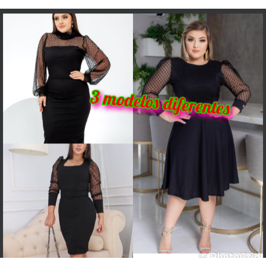 Vestido Evangelico Plus Size Moda Modesta Comportada Social Rodado Godê Preto Manga Longa Com Tule Poá