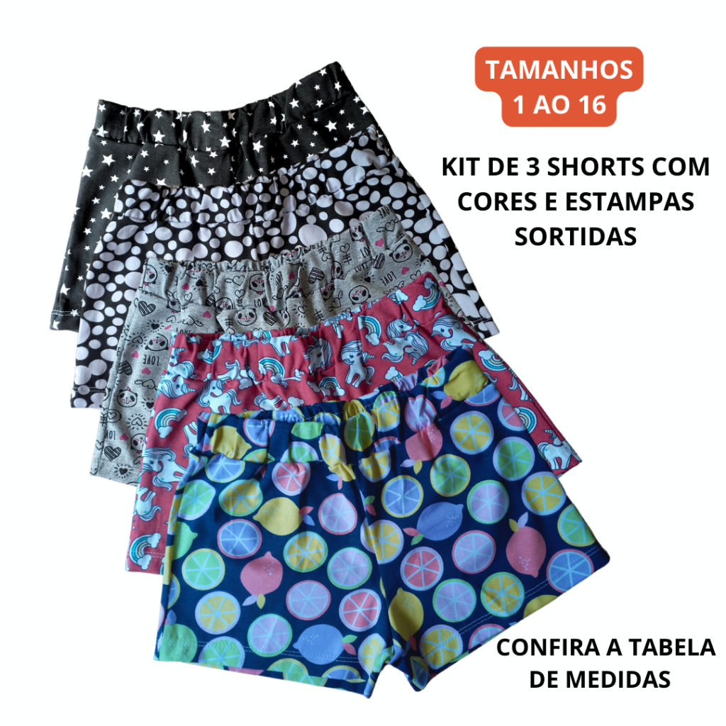 Kit 3 Shorts infantil/juvenil de cotton estampada menina