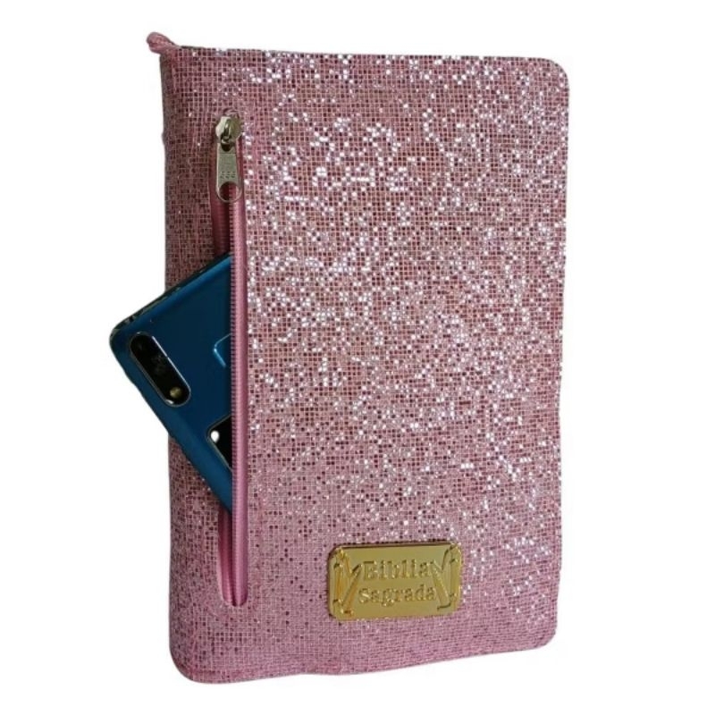 Capa para Bíblia Com  Zíper e Bolso Externo Média com Brilho Glitter - Número 11 Preta