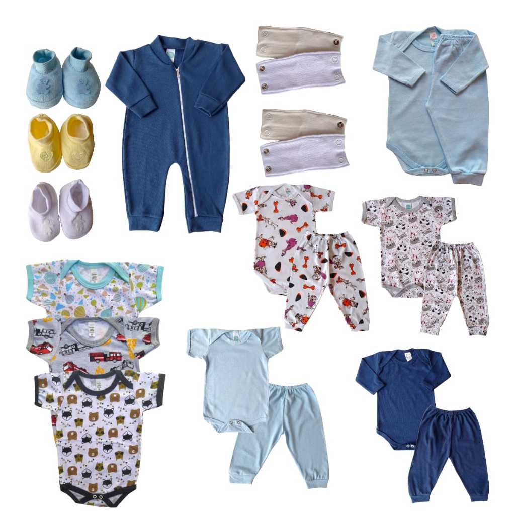 Kit 21 Peças - Roupa para bebê Enxoval Body Culote Macacão Zíper Sapatinho Pantufa Esxtensor de Body Calça Algodão Atacado