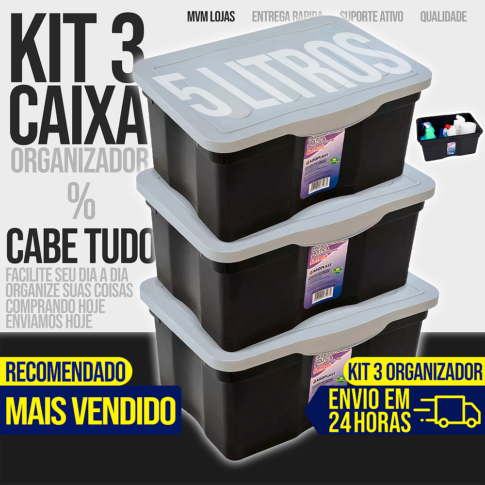 Kit 3 Caixas Cesto Organizador 5 Litros Grande Com Tampa Multiuso Armazenamento em Oferta na Shopee