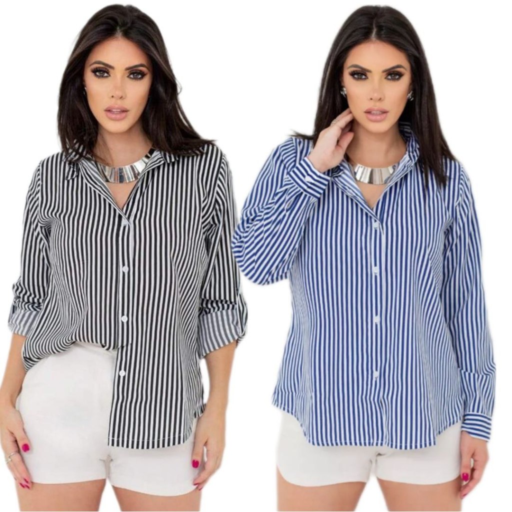 Camisa Casual Blusa Listrada com Textura Macia Algodão Femenina em Oferta na Shopee