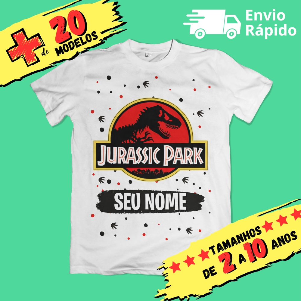 Camiseta Infantil Jurassic Park - Parque dos Dinossauros Personalizada com nome (opcional) em Oferta na Shopee