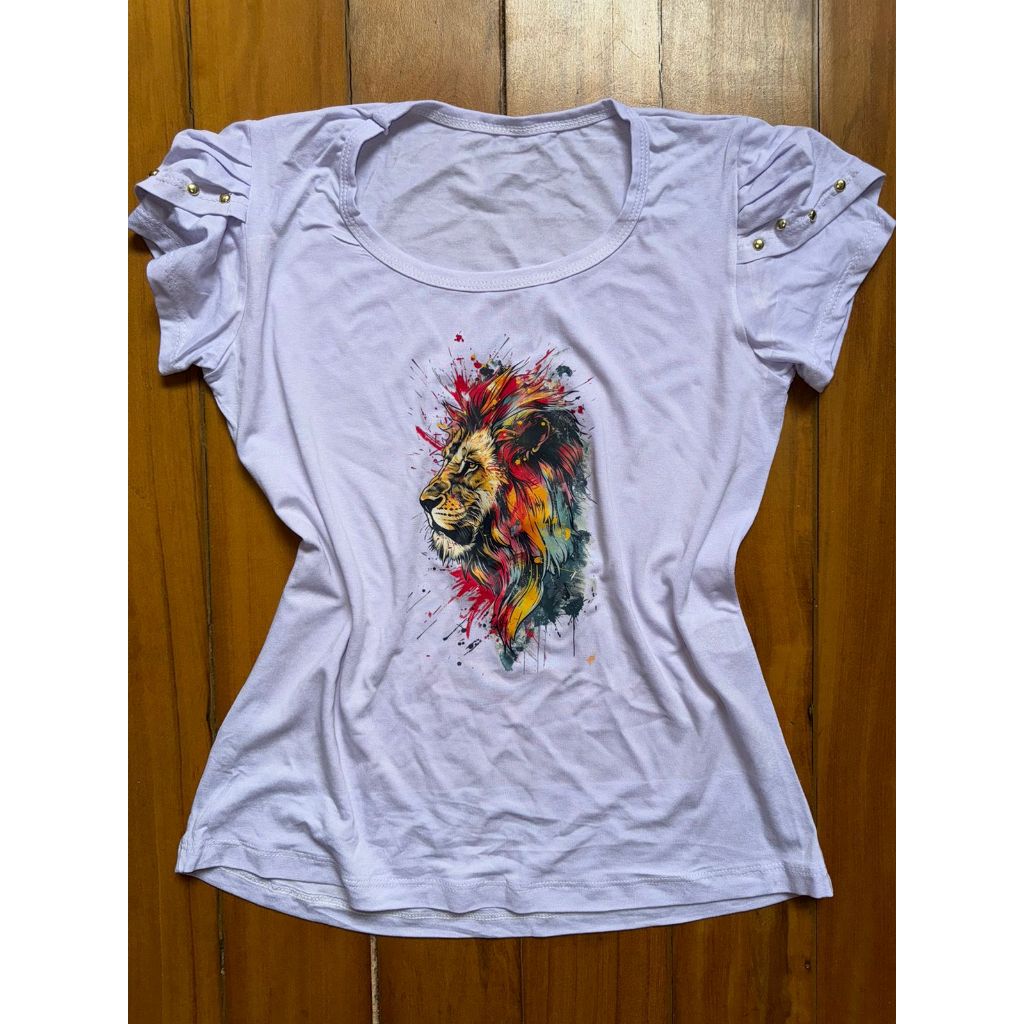 Blusinha feminina estampada leão colorido